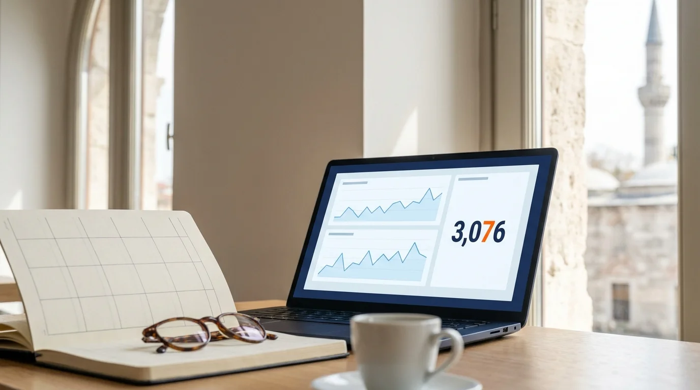 Analyst's workstation with laptop showing AI in digital marketing measurement dashboard by an arched Istanbul window
