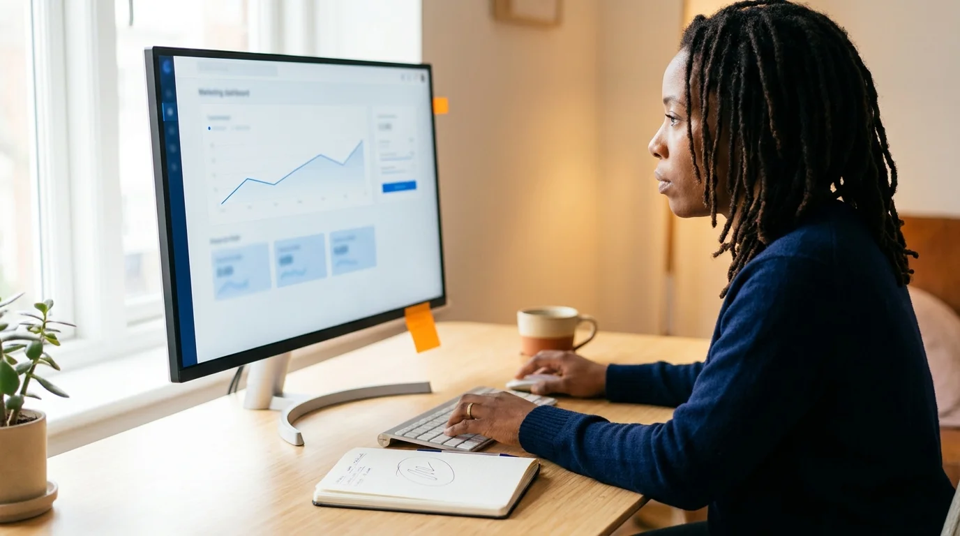 A marketing analyst reviews data visualization tools on a monitor dashboard, a notebook with one circled figure beside her