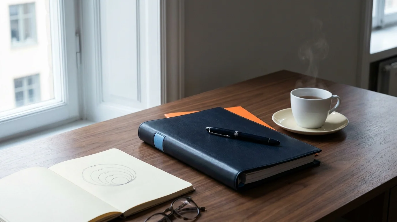 Board advisor's walnut desk with leather binder, fountain pen, tea cup and notebook showing privacy-first marketing rings