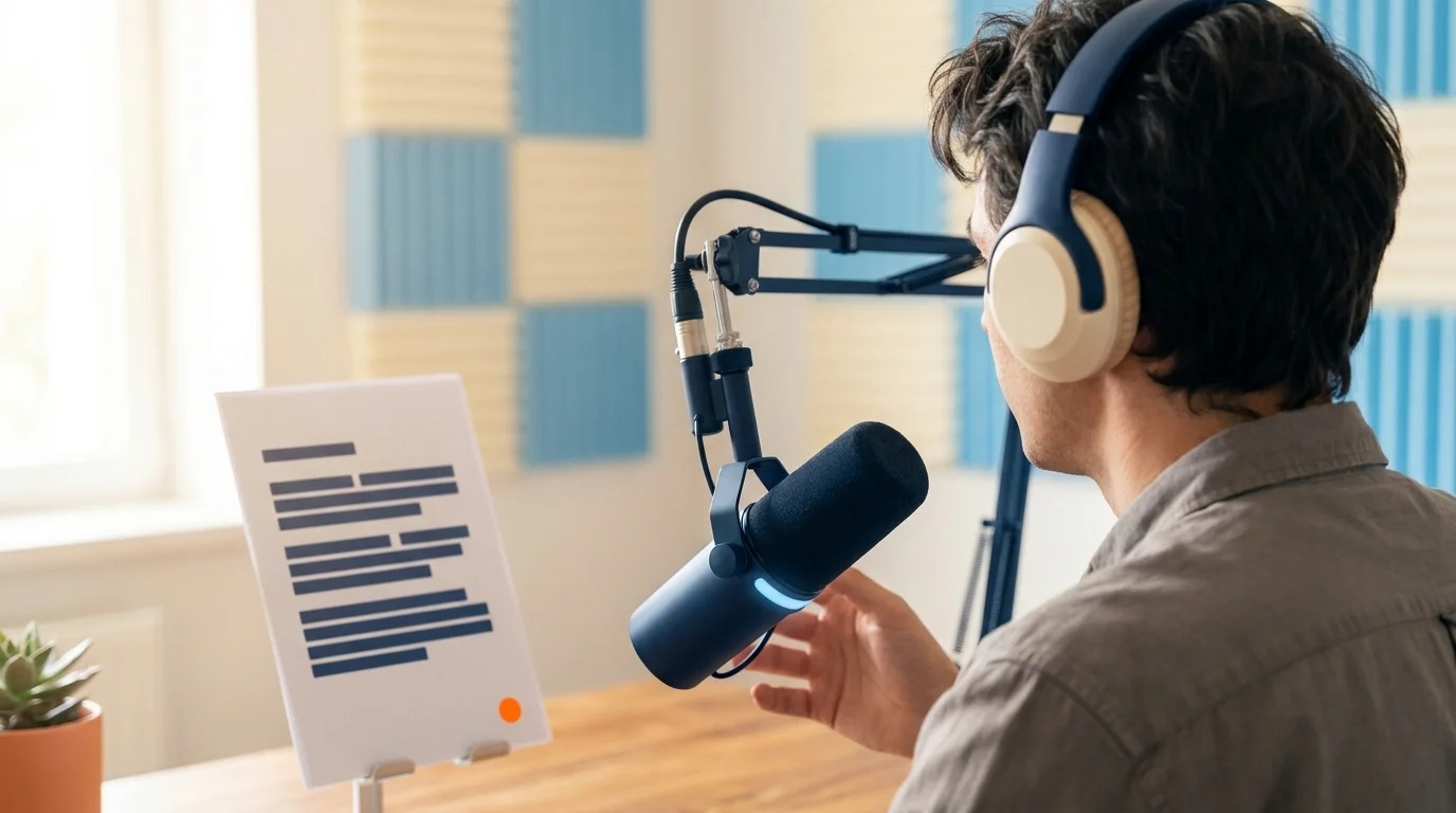 Storyteller in profile at a broadcast microphone with script and acoustic studio wall, illustrating brand storytelling craft