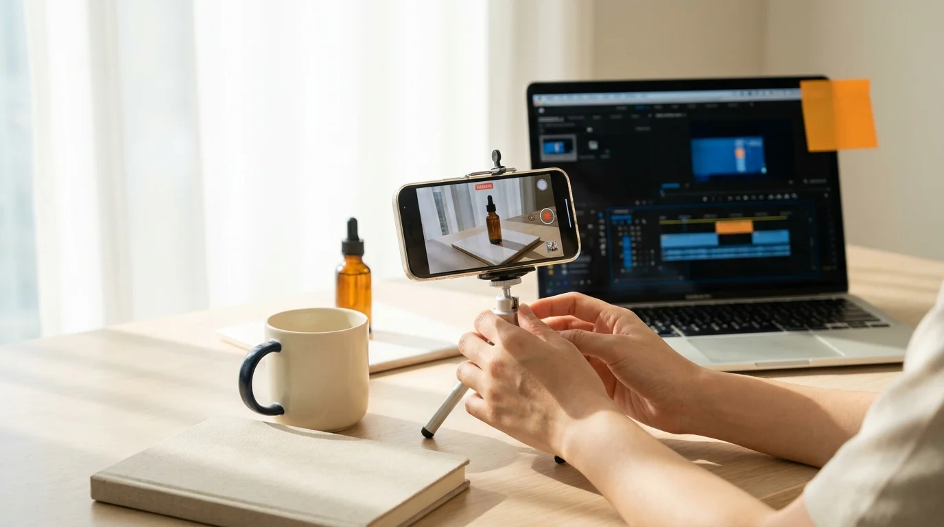 Someone learning how to use video films a short product clip on a phone tripod beside a laptop editing timeline