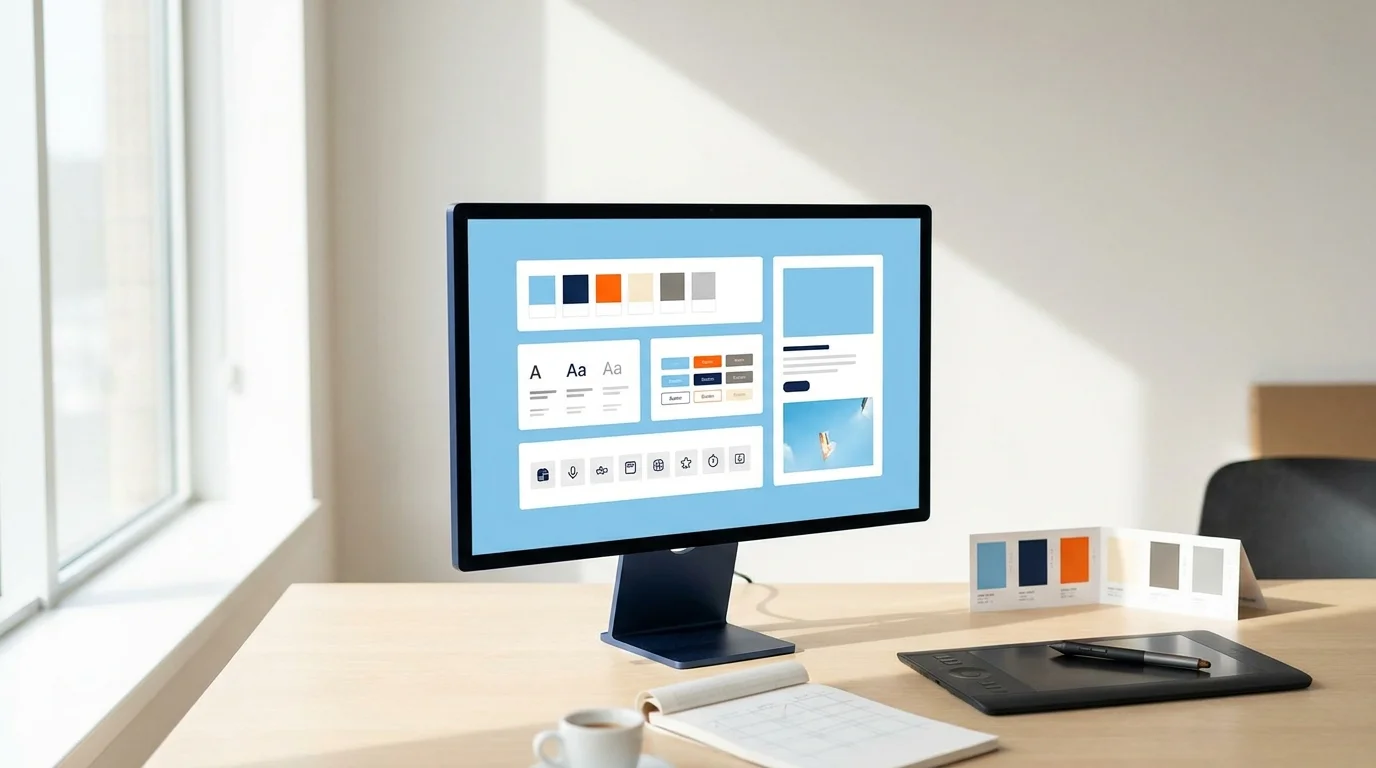 Designer's workstation with monitor showing brand-system canvas, tablet, stylus, and notebook for visual content strategy