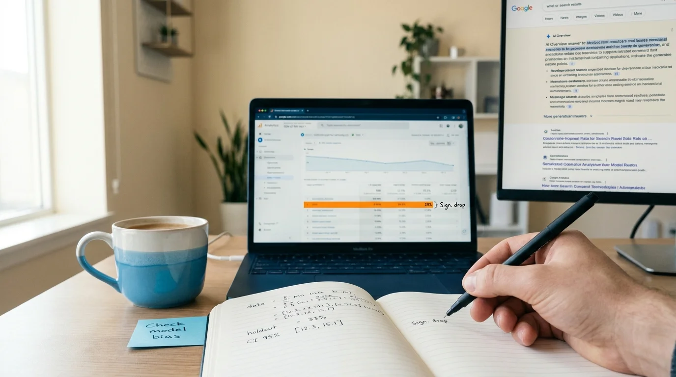 Marketing analyst workstation with AI Overview SERP and attribution dashboard for digital marketing challenges