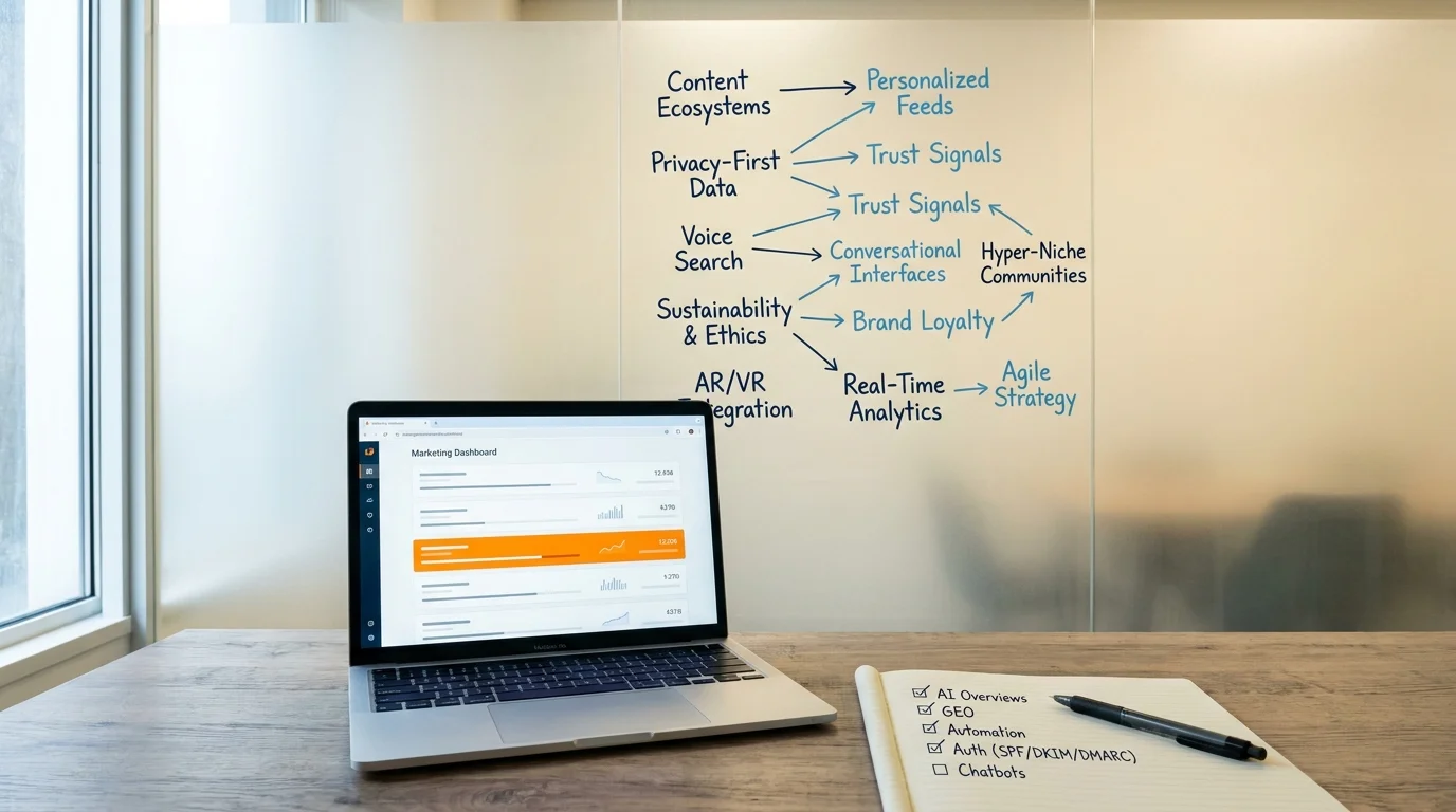 Quiet marketing workstation with laptop dashboard, trend checklist notebook, and a glass-wall sharpie map