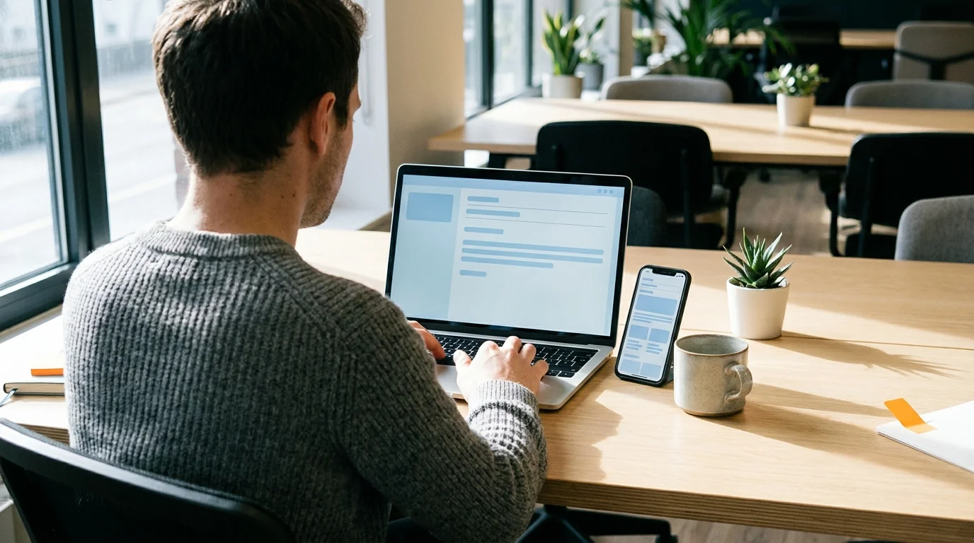 Over-the-shoulder view of a short email drafted on a laptop, with a phone beside it showing the same email format on mobile