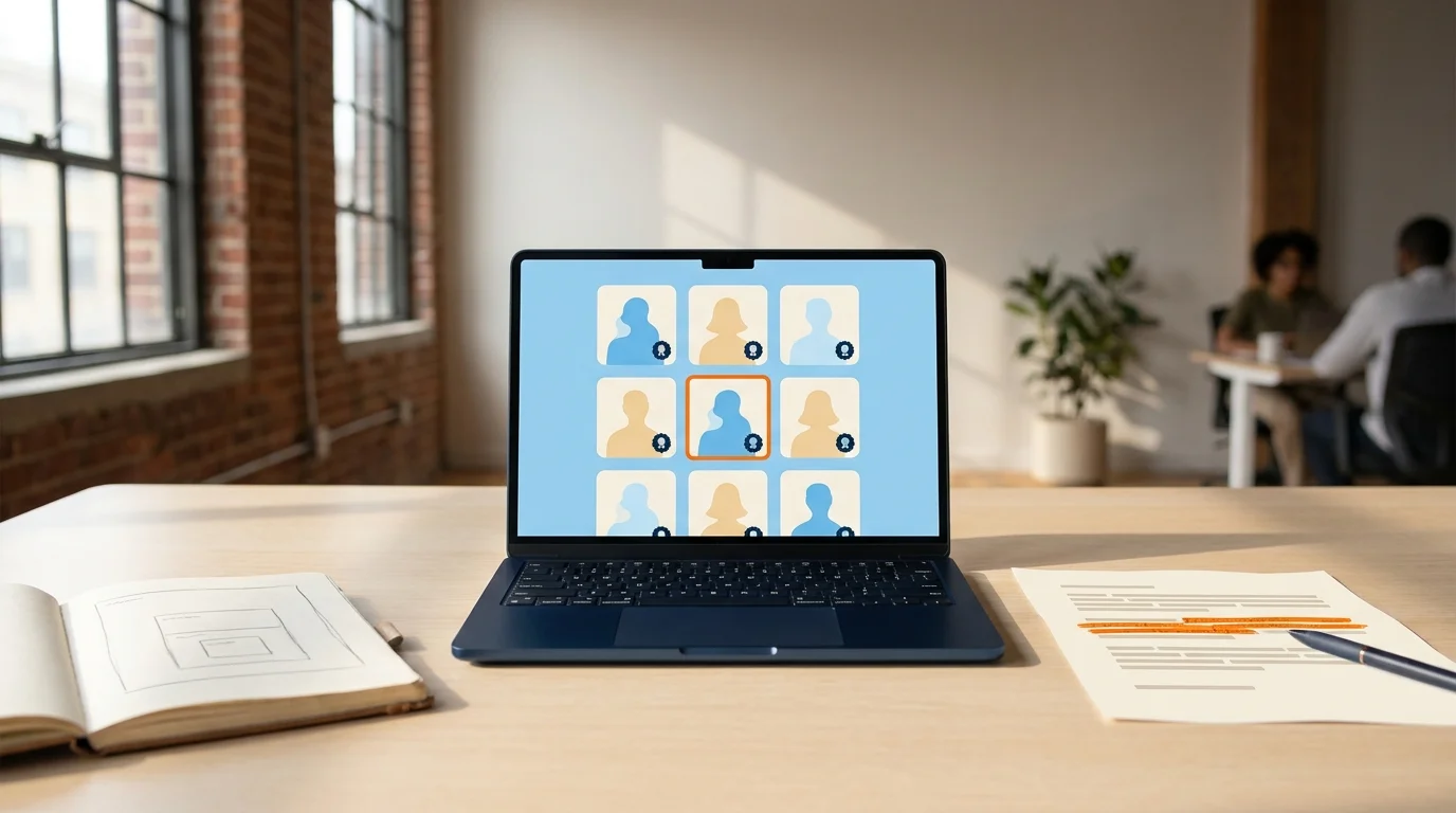 Partnerships manager's desk with creator-discovery grid and contract for in-house influencer marketing strategies