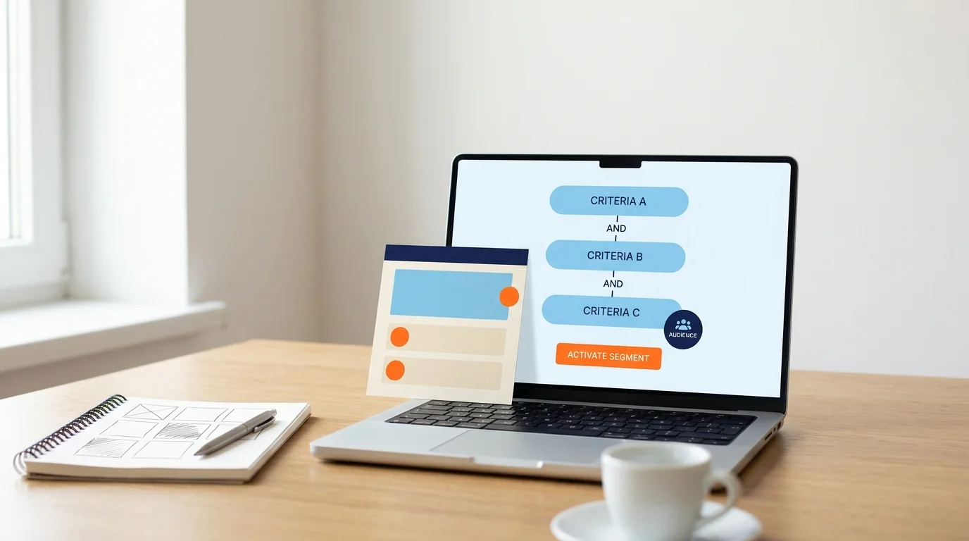 Marketer's desk with segment-builder, printed email preview marked with orange personalization tags, and RFM notebook