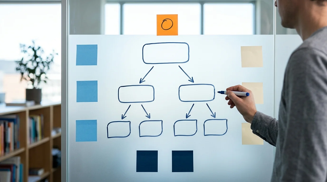 Glass wall strategy diagram with marker boxes and color-coded sticky notes mapping the seo 101 learning hierarchy