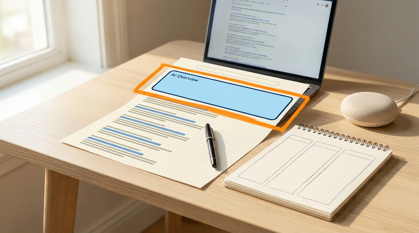 SEO practitioner's desk with printed search results, AI Overview highlighted in orange, notebook columns and smart speaker