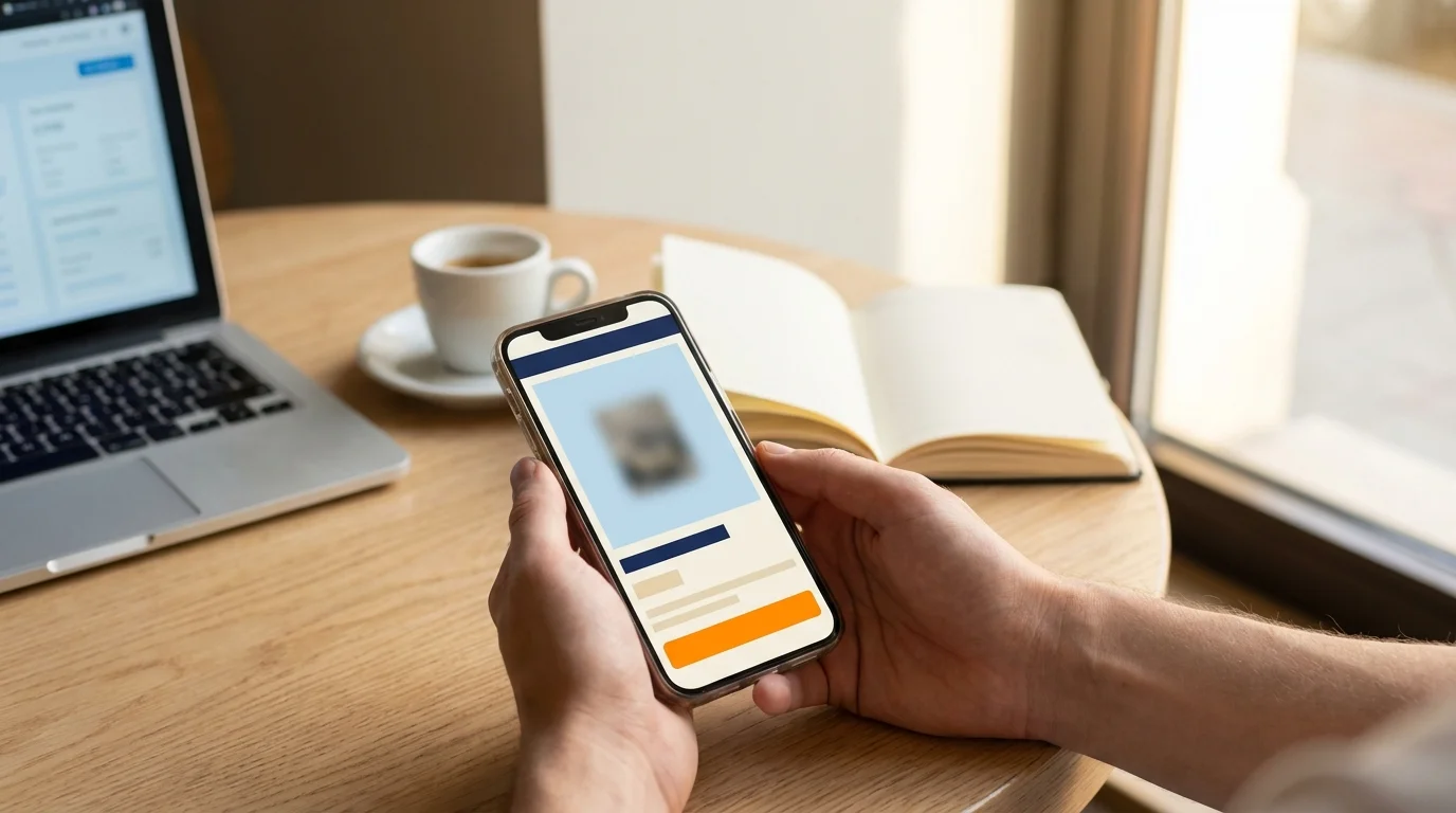 Customer holding a smartphone showing an ecommerce product detail page with an orange add-to-cart button