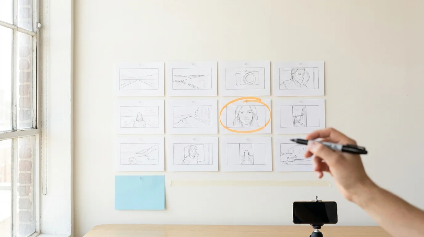 Storyboard wall of twelve panels showing different camera framings for a multi-format video marketing strategy