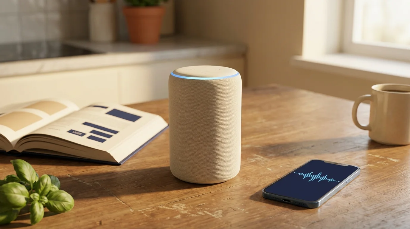 Smart speaker beside phone showing audio waveform on a kitchen counter, illustrating voice search seo in the home