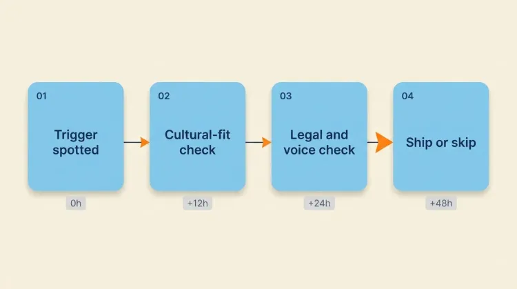 Four-step horizontal workflow diagram for a 48-hour meme brief: trigger, cultural fit, legal review, ship-or-skip