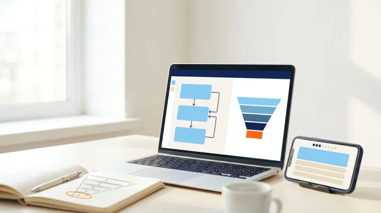 Content marketer's desk with quiz builder and attribution funnel on laptop, live quiz on phone, and pencil funnel notebook
