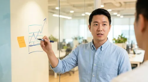 A marketing analyst explains the analytics definition at a glass wall, sketching connected boxes and an upward decision arrow