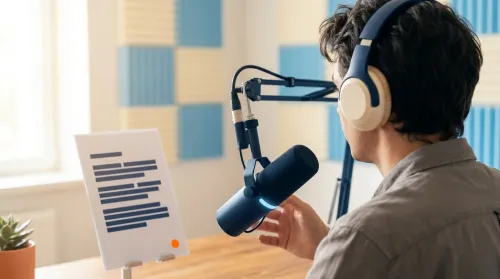 Storyteller in profile at a broadcast microphone with script and acoustic studio wall, illustrating brand storytelling craft