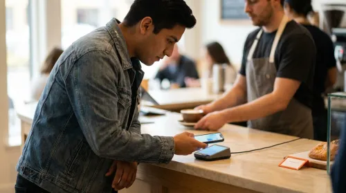 A hand taps a phone to a contactless terminal at a café counter, an everyday use of digital technologies