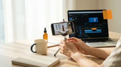 Someone learning how to use video films a short product clip on a phone tripod beside a laptop editing timeline