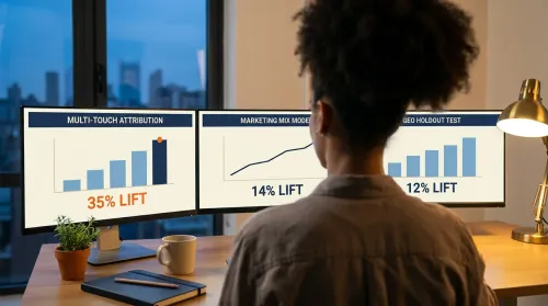 Analyst at dusk reviewing three monitors showing different attribution charts for data driven marketing measurement