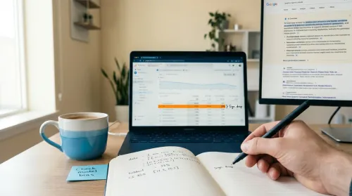 Marketing analyst workstation with AI Overview SERP and attribution dashboard for digital marketing challenges