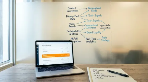 Quiet marketing workstation with laptop dashboard, trend checklist notebook, and a glass-wall sharpie map