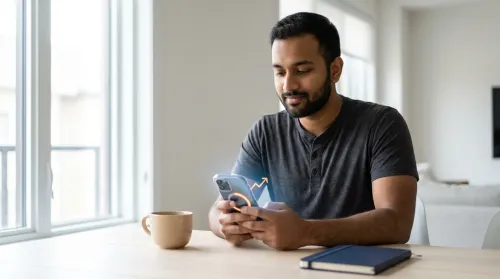Someone using motivation and technology holds a phone showing a glowing habit-tracker ring and streak at a morning table