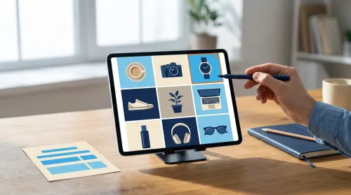 Tablet showing nine-tile creator portfolio with one featured product tile highlighted, beside a rate-card and notebook