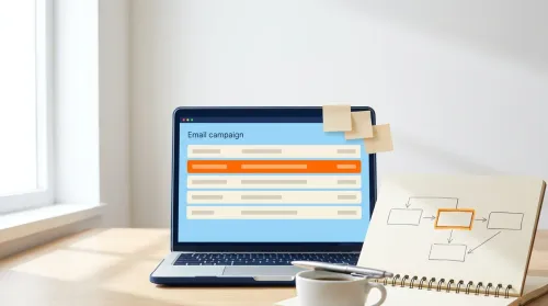 Marketer's workstation with laptop dashboard and notebook pencil sketch of email marketing automation flows