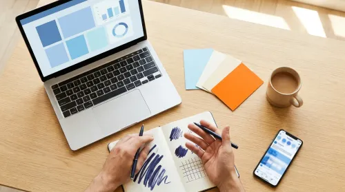 Overhead flat-lay of a desk comparing online marketing platforms, with a laptop dashboard, a sketched grid, and option cards