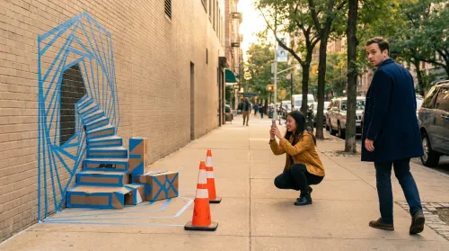 A passerby stops to photograph a clever, low-cost guerrilla marketing installation on a bright city wall