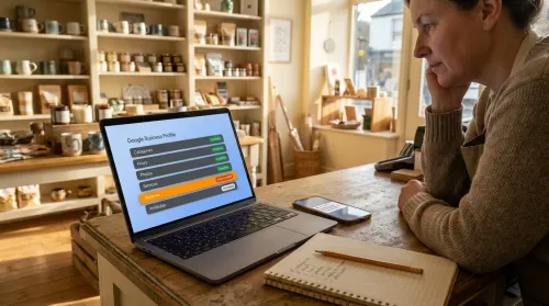 Small business owner reviewing Google Business Profile dashboard at shop counter for digital marketing for small business