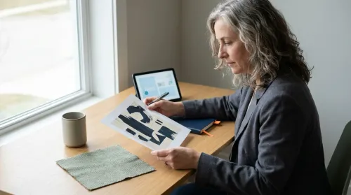 A senior strategist reviews a one-page brand strategy beside a woven natural-material swatch on a calm desk